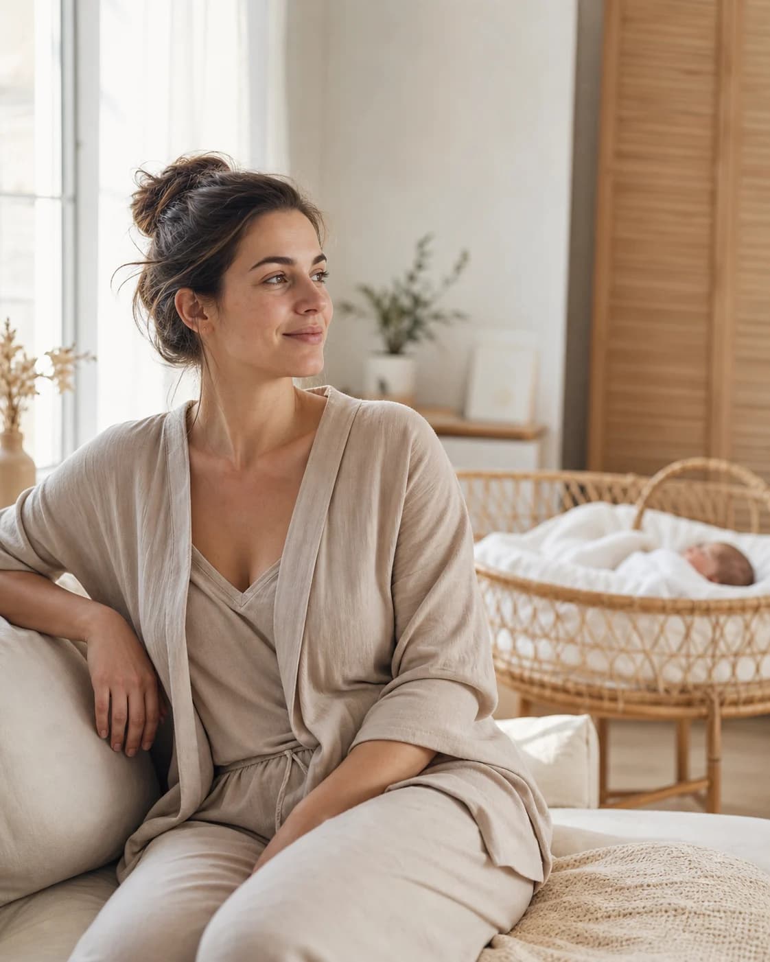 Une mère en période de récupération post-partum chez elle